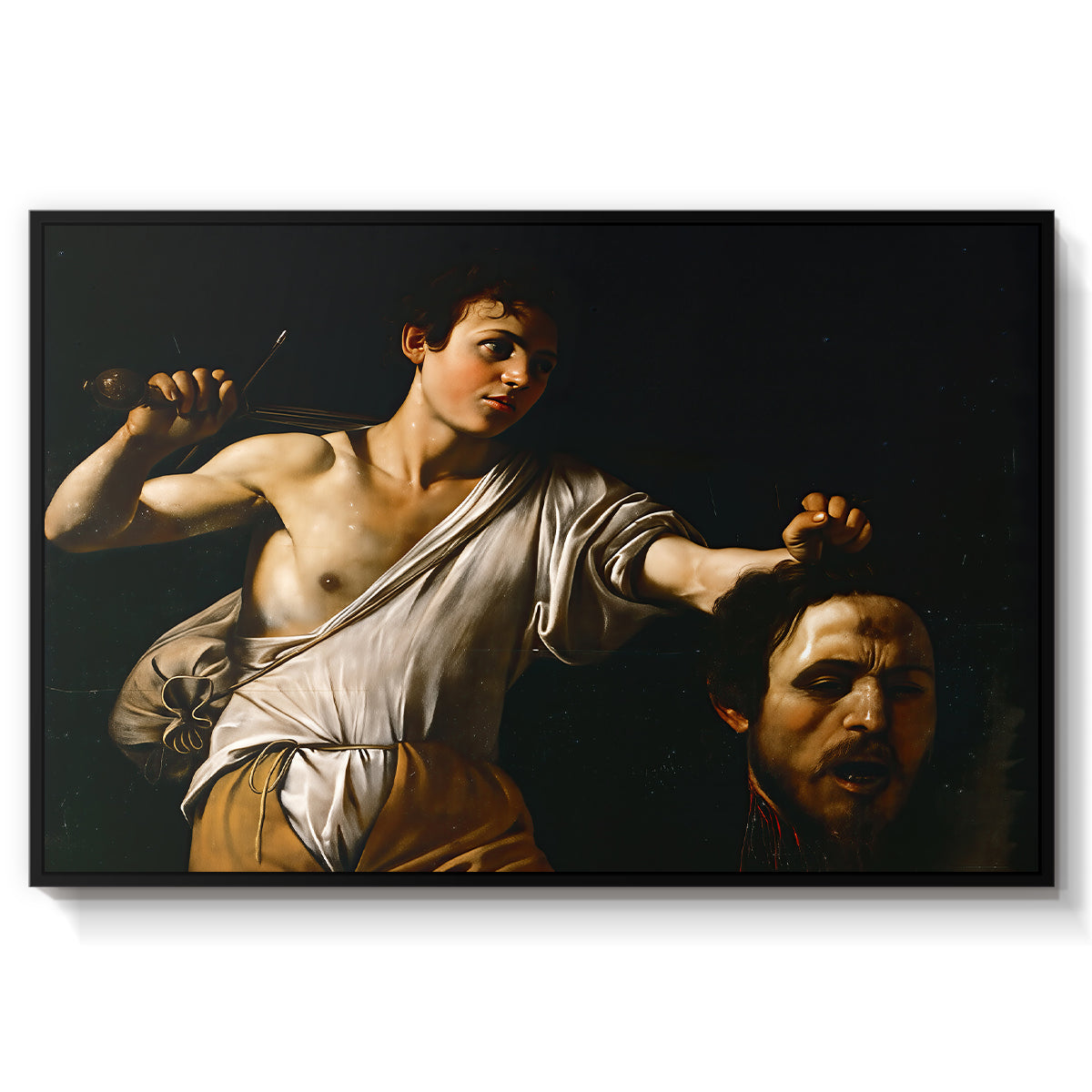 David with the Head of Goliath (Vienna Version), c. 1607 by Caravaggio in a black floater framed canvas wall art display.
