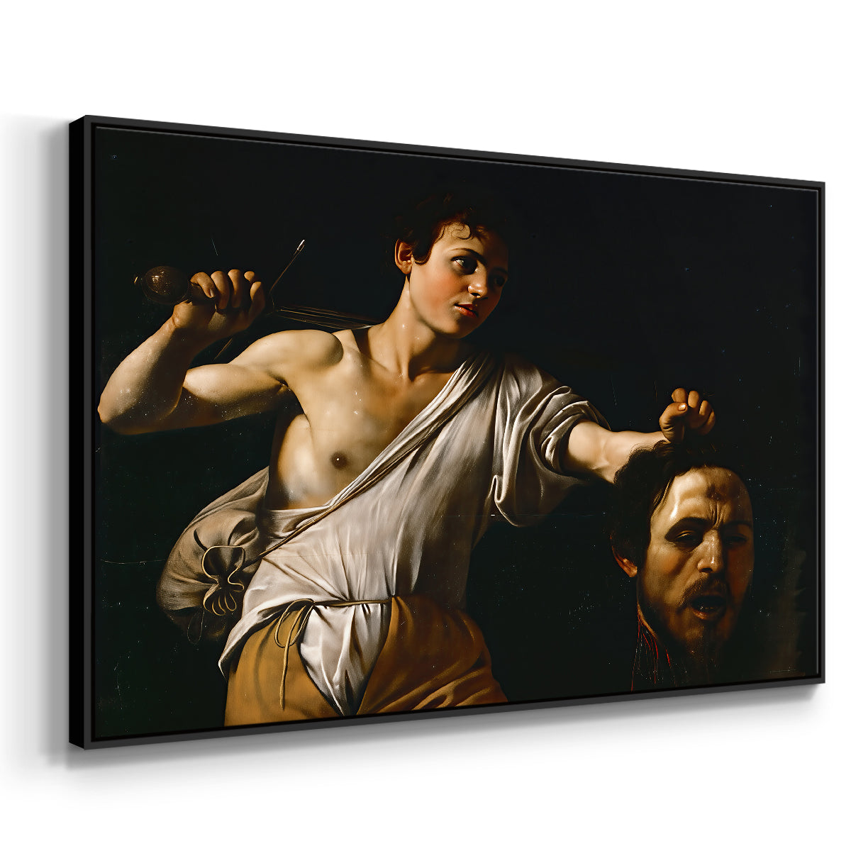Angled view of David with the Head of Goliath (Vienna Version), c. 1607 by Caravaggio in a black floater framed canvas.