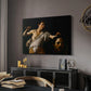 David with the Head of Goliath (Vienna Version), c. 1607 by Caravaggio in a black floater framed canvas featuring a Baroque depiction of youth holding severed head in shadowy setting, displayed above a desk in a dark home office interior.