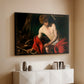 Black floater framed canvas of Saint John the Baptist in the Wilderness, c. 1603-1604 by Caravaggio, featuring a solitary figure of Saint John resting in natural setting with soft light above a console cabinet in a minimalist entryway.