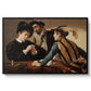 The Cardsharps, c. 1594 by Caravaggio in a black floater framed canvas wall art display.