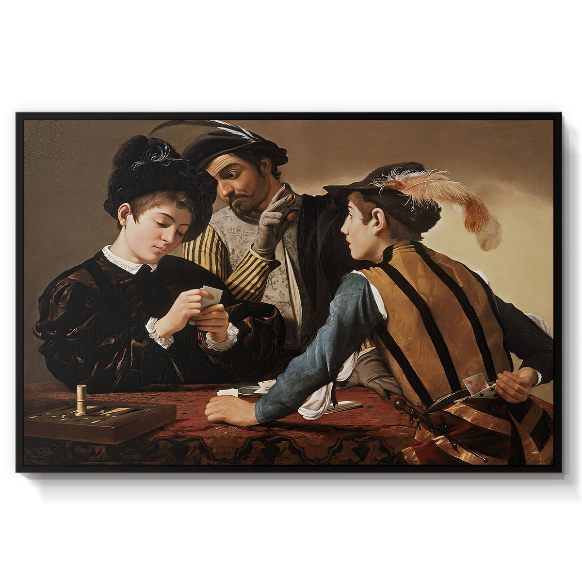 The Cardsharps, c. 1594 by Caravaggio in a black floater framed canvas wall art display.