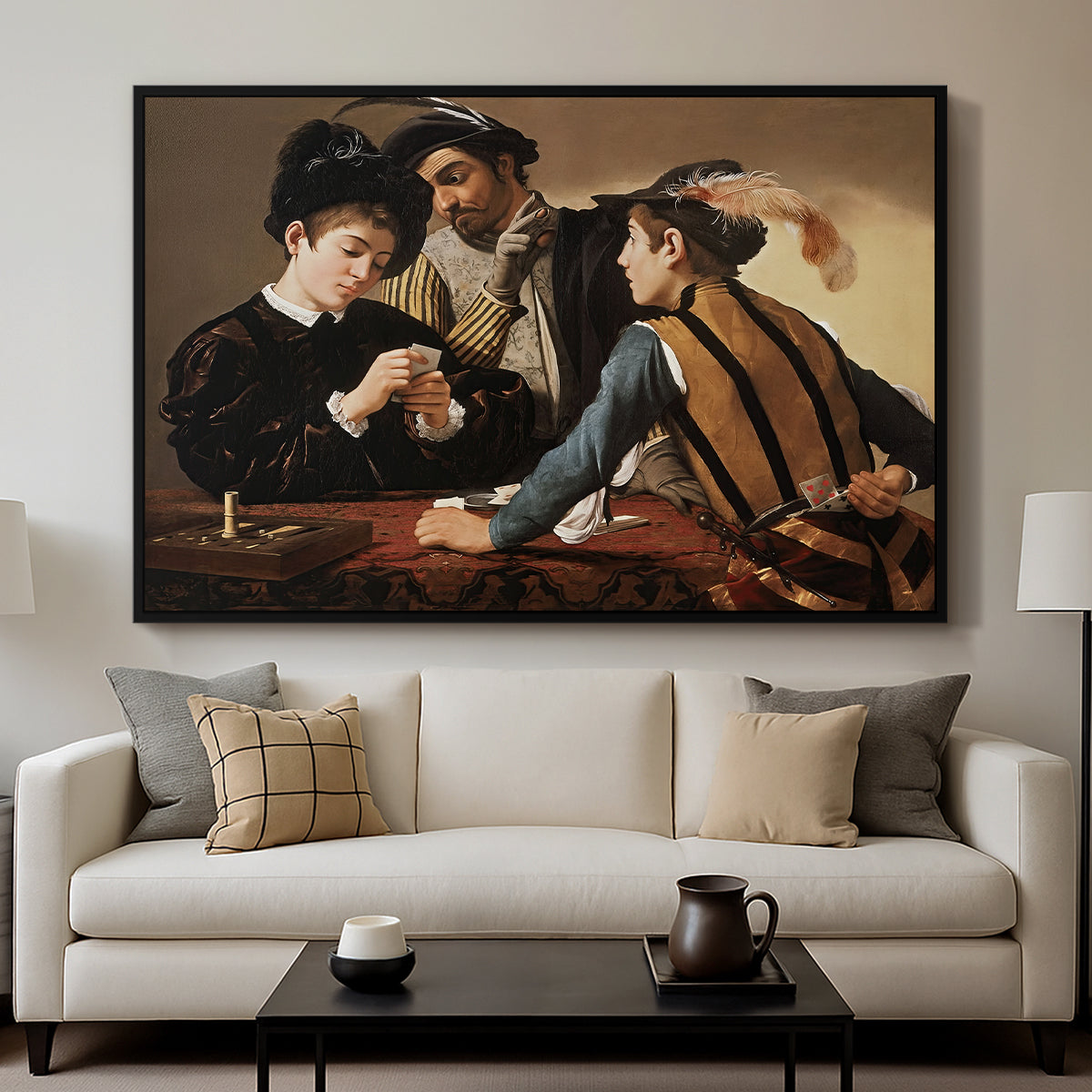 The Cardsharps, c. 1594 by Caravaggio displayed in a black floater framed canvas above a sofa in a clean living room.