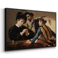 Angled view of The Cardsharps, c. 1594 by Caravaggio in a black floater framed canvas.
