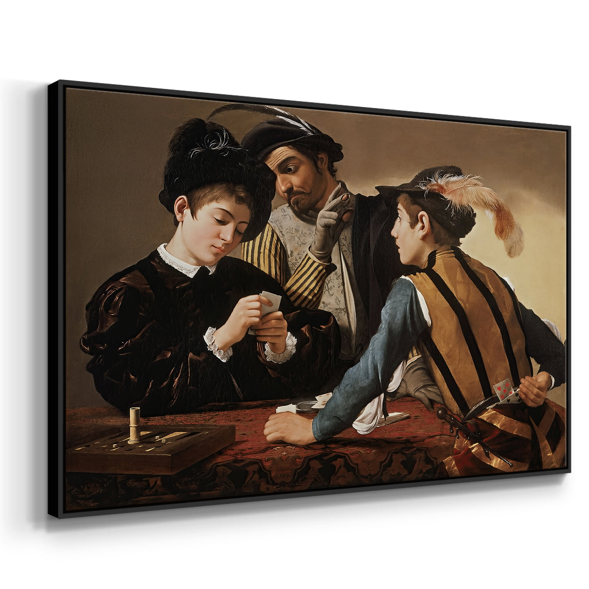 Angled view of The Cardsharps, c. 1594 by Caravaggio in a black floater framed canvas.