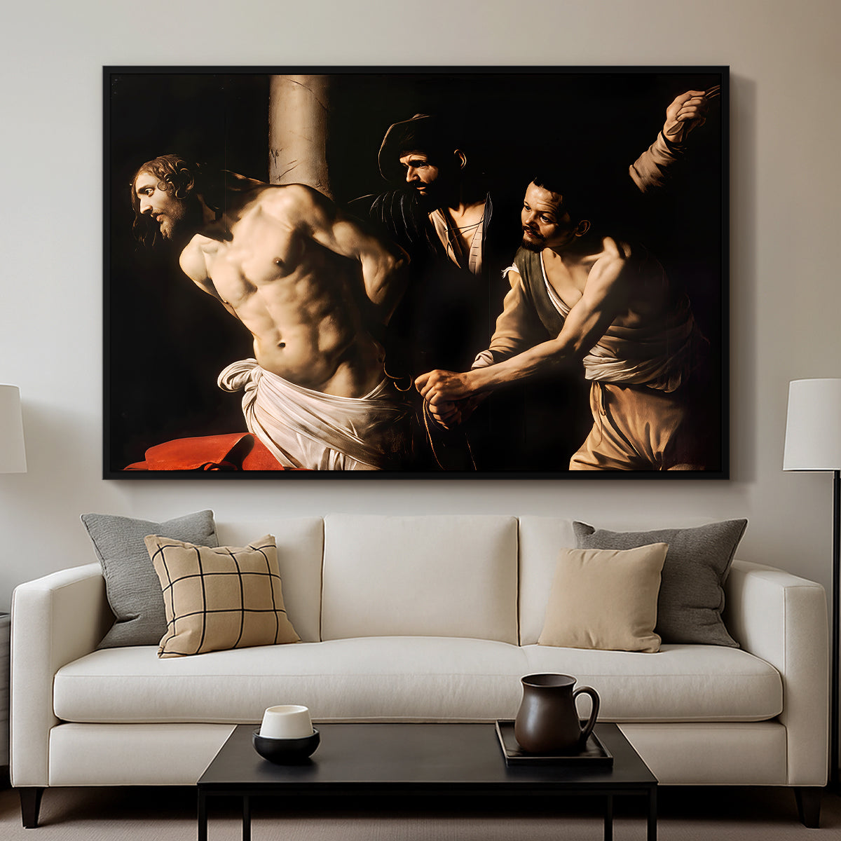 The Flagellation of Christ at the Column (Rouen Version), 1606 by Caravaggio displayed in a black floater framed canvas above a sofa in a clean living room.
