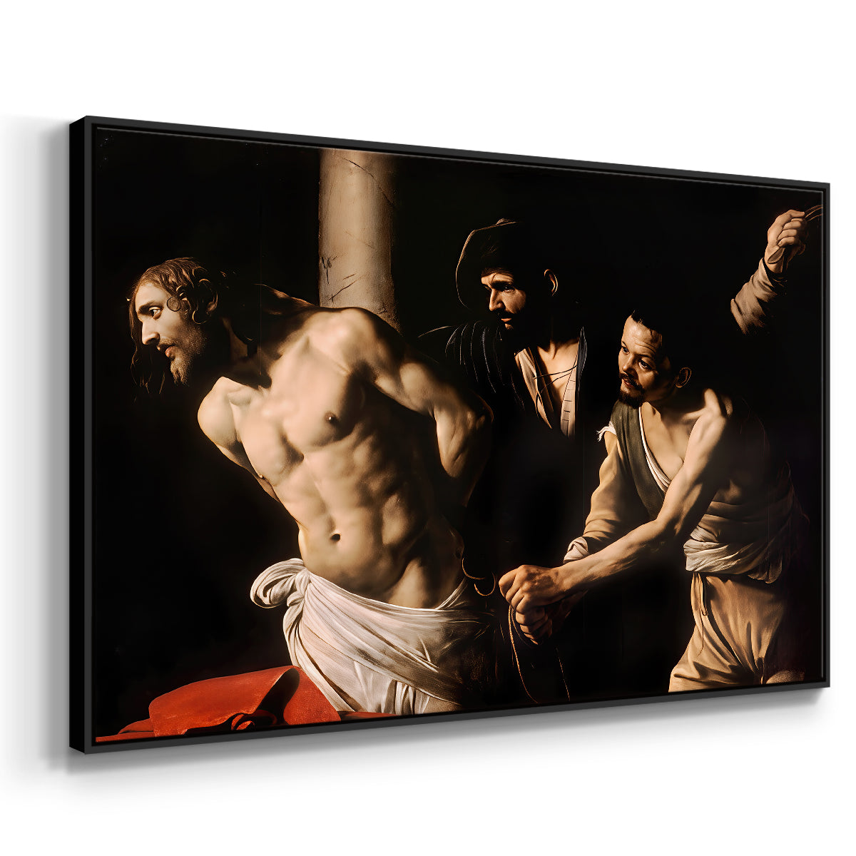 Angled view of The Flagellation of Christ at the Column (Rouen Version), 1606 by Caravaggio in a black floater framed canvas.