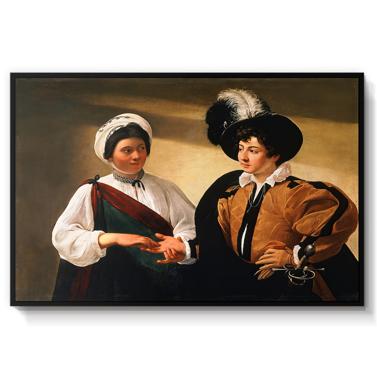 The Fortune Teller (Louvre Version), c. 1595 by Caravaggio in a black floater framed canvas wall art display.