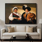 The Fortune Teller (Louvre Version), c. 1595 by Caravaggio displayed in a black floater framed canvas above a sofa in a clean living room.