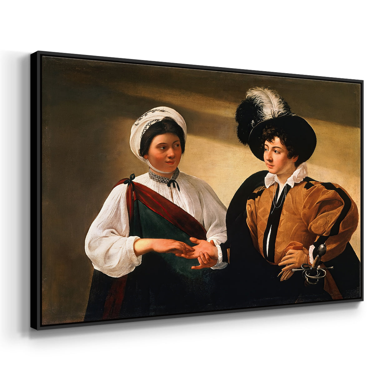 Angled view of The Fortune Teller (Louvre Version), c. 1595 by Caravaggio in a black floater framed canvas.