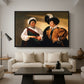 The Fortune Teller (Louvre Version), c. 1595 by Caravaggio as a black floater framed canvas featuring a woman reading a young man's palm while secretly stealing his ring, displayed above a sofa in a modern living room.