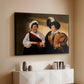 Black floater framed canvas of The Fortune Teller (Louvre Version), c. 1595 by Caravaggio, featuring a fortune teller examining hand of man as she slyly removes his ring above a console cabinet in a minimalist entryway.