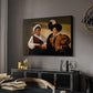 The Fortune Teller (Louvre Version), c. 1595 by Caravaggio in a black floater framed canvas featuring an intimate scene of palm reading with subtle act of theft, displayed above a desk in a dark home office interior.