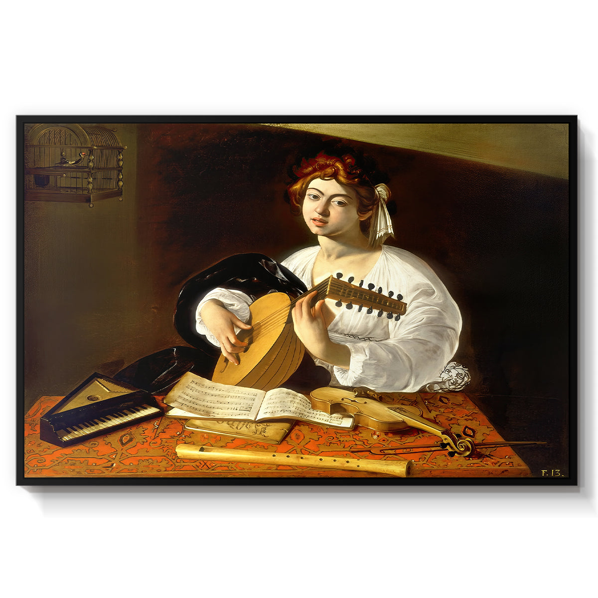 The Lute Player (Wildenstein Version), c. 1596 by Caravaggio in a black floater framed canvas wall art display.