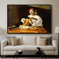 The Lute Player (Wildenstein Version), c. 1596 by Caravaggio displayed in a black floater framed canvas above a sofa in a clean living room.