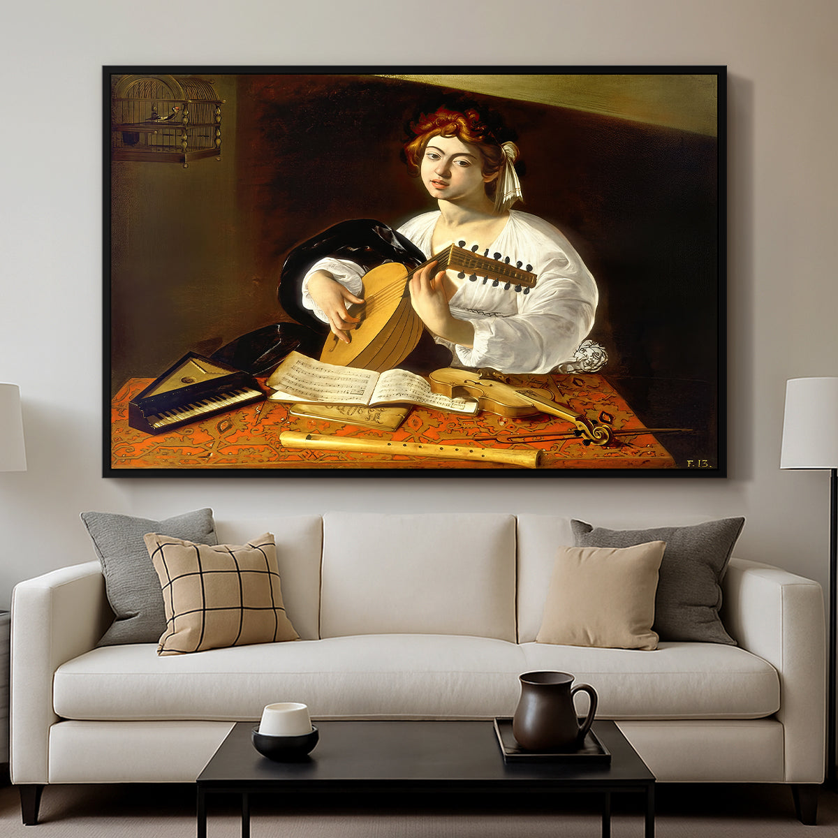 The Lute Player (Wildenstein Version), c. 1596 by Caravaggio displayed in a black floater framed canvas above a sofa in a clean living room.