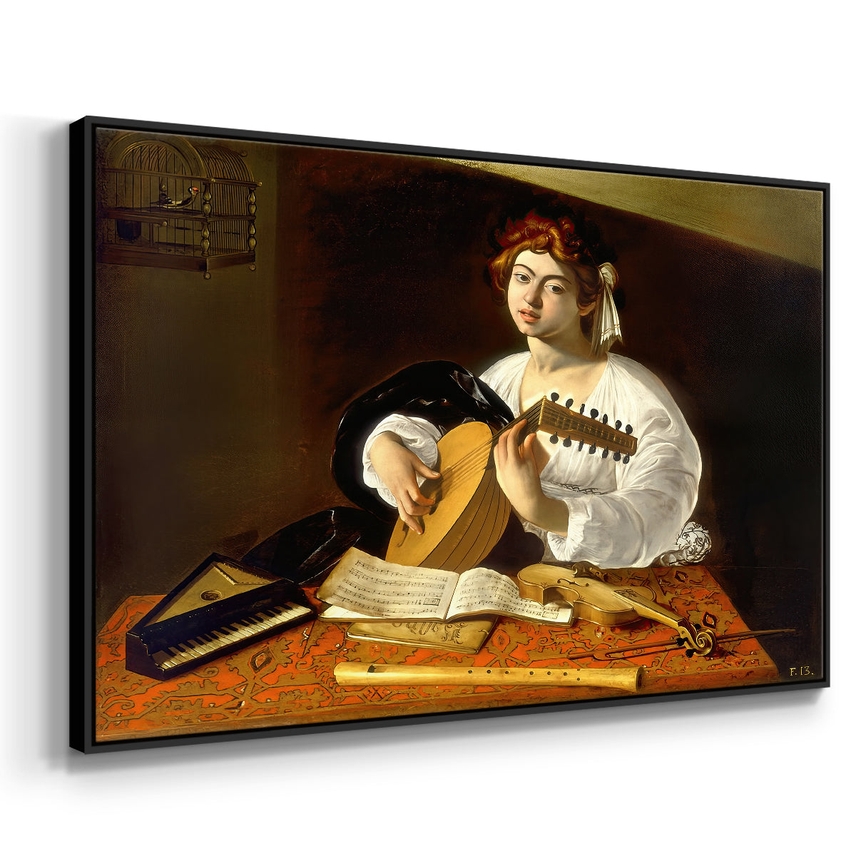 Angled view of The Lute Player (Wildenstein Version), c. 1596 by Caravaggio in a black floater framed canvas.