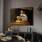 The Lute Player (Wildenstein Version), c. 1596 by Caravaggio in a black floater framed canvas featuring a detailed scene of youth playing string instrument with fruit and flowers nearby, displayed above a desk in a dark home office interior.