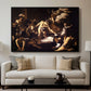 The Martyrdom of Saint Matthew, 1599-1600 by Caravaggio displayed in a black floater framed canvas above a sofa in a clean living room.