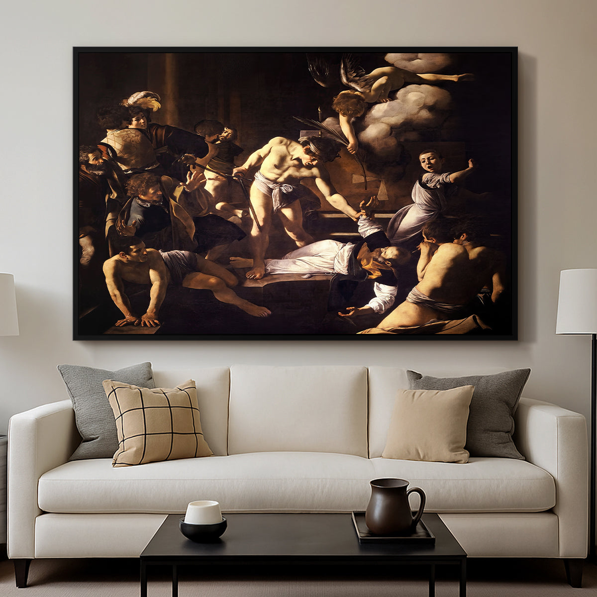 The Martyrdom of Saint Matthew, 1599-1600 by Caravaggio displayed in a black floater framed canvas above a sofa in a clean living room.