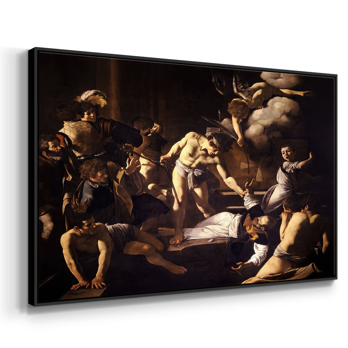 Angled view of The Martyrdom of Saint Matthew, 1599-1600 by Caravaggio in a black floater framed canvas.