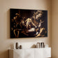 Black floater framed canvas of The Martyrdom of Saint Matthew, 1599-1600 by Caravaggio, featuring a dramatic moment of martyrdom with figures reacting in panic above a console cabinet in a minimalist entryway.