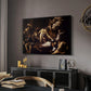 The Martyrdom of Saint Matthew, 1599-1600 by Caravaggio in a black floater framed canvas featuring a religious narrative showing violent attack on saint in crowded setting, displayed above a desk in a dark home office interior.