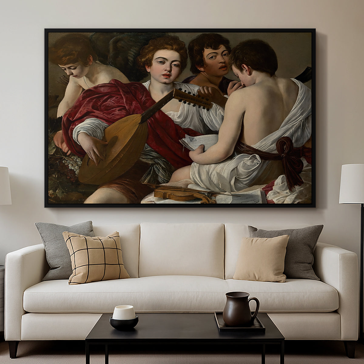 The Musicians, c. 1595 by Caravaggio displayed in a black floater framed canvas above a sofa in a clean living room.