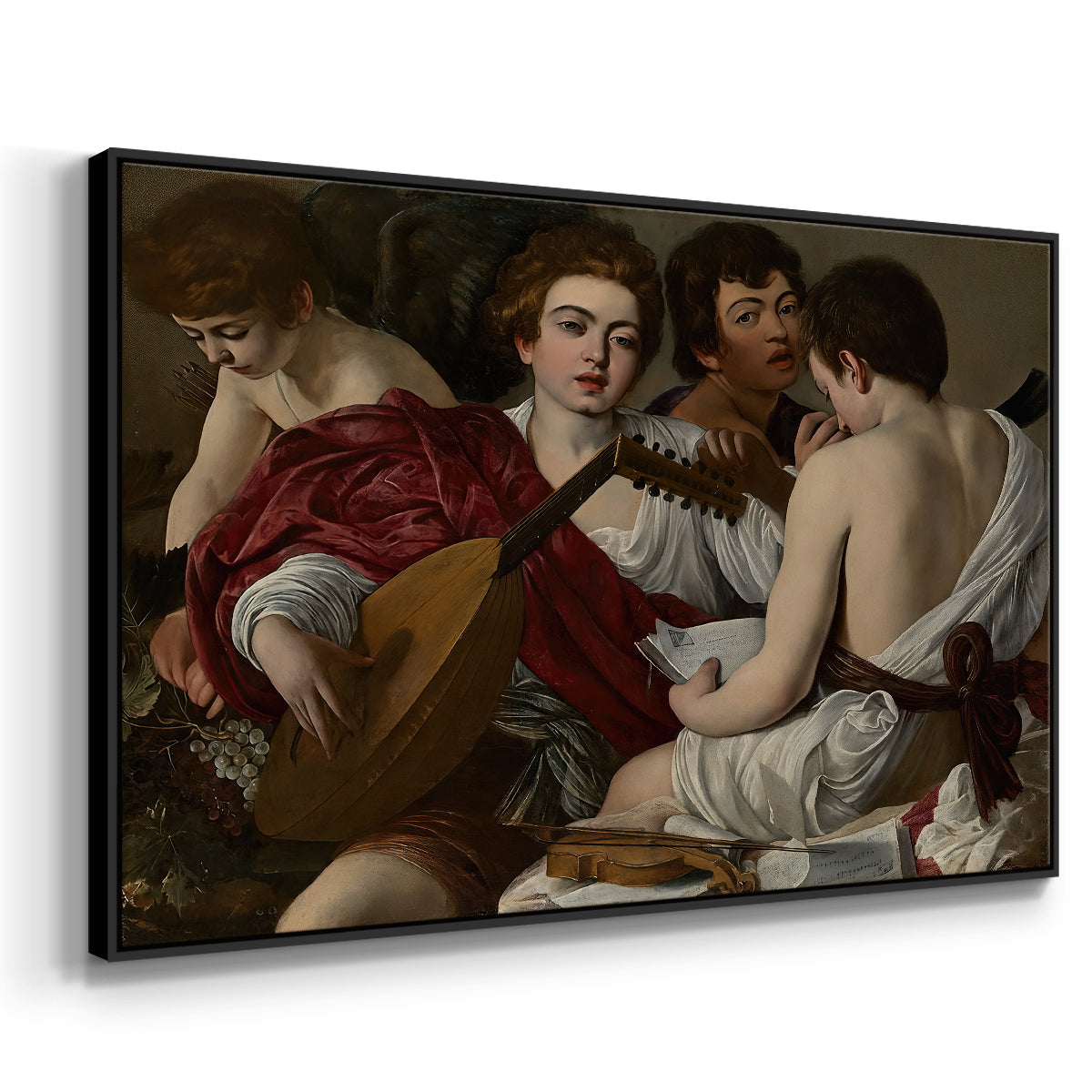 Angled view of The Musicians, c. 1595 by Caravaggio in a black floater framed canvas.