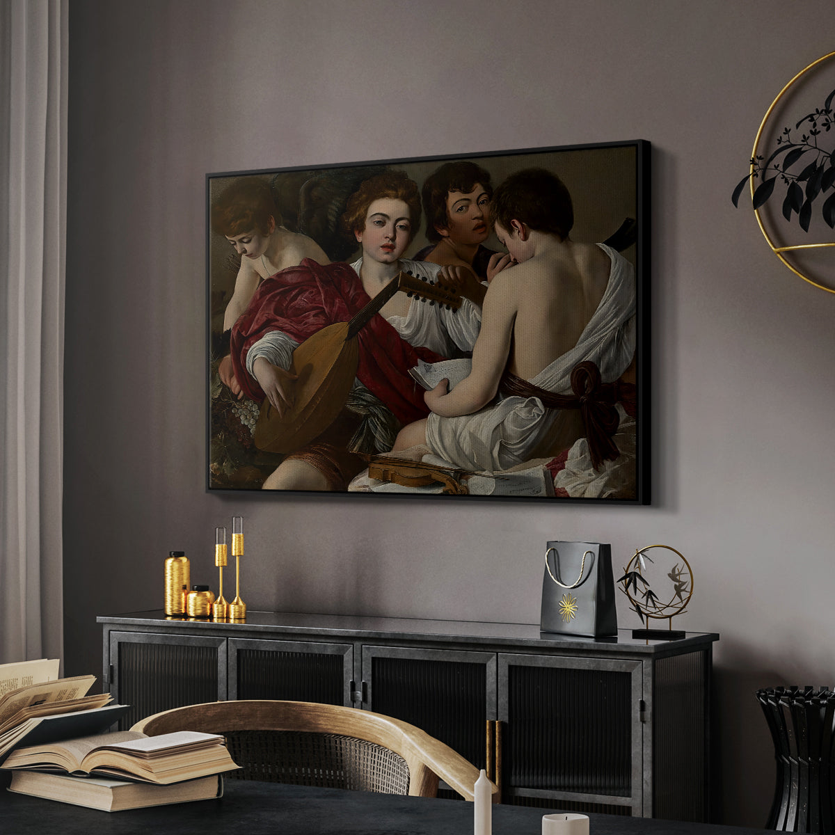 The Musicians, c. 1595 by Caravaggio in a black floater framed canvas featuring an intimate scene of youths making music with sheet music and instruments, displayed above a desk in a dark home office interior.