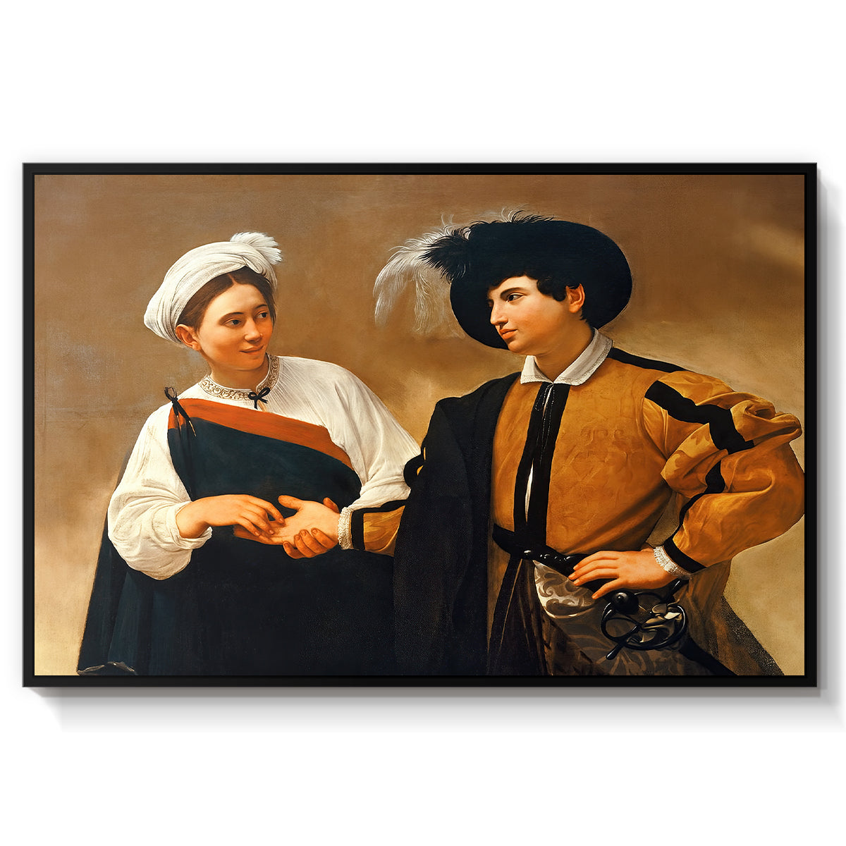 The Fortune Teller (Capitoline Version), c. 1599 by Caravaggio in a black floater framed canvas wall art display.