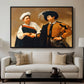 The Fortune Teller (Capitoline Version), c. 1599 by Caravaggio displayed in a black floater framed canvas above a sofa in a clean living room.