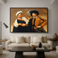 The Fortune Teller (Capitoline Version), c. 1599 by Caravaggio as a black floater framed canvas featuring a woman reading man's palm while discreetly removing his ring, displayed above a sofa in a modern living room.
