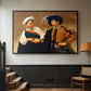 Black floater framed canvas featuring a genre scene of fortune telling with subtle theft, displayed in a hallway near a staircase.