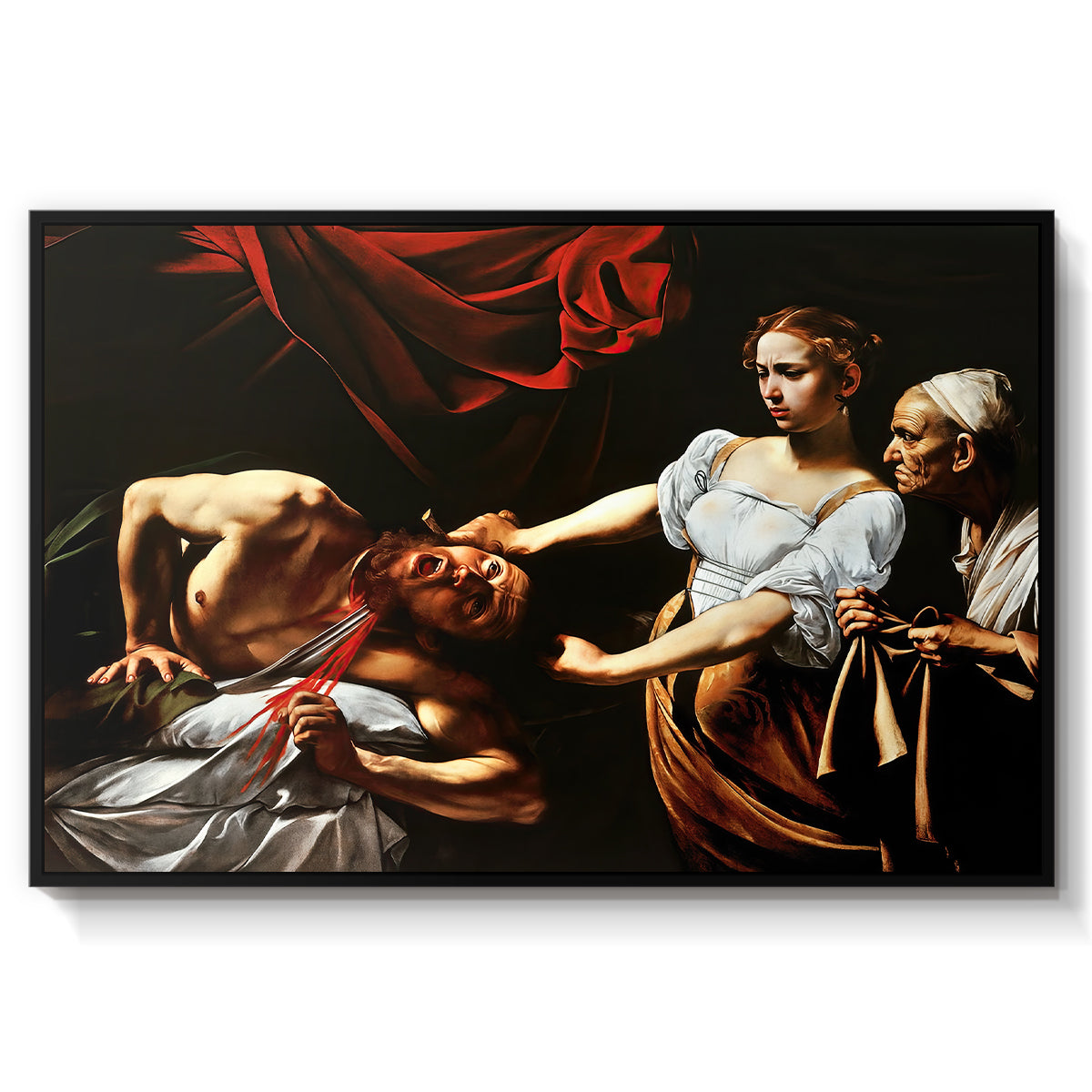 Judith Beheading Holofernes, c. 1599 by Caravaggio in a black floater framed canvas wall art display.