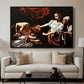 Judith Beheading Holofernes, c. 1599 by Caravaggio displayed in a black floater framed canvas above a sofa in a clean living room.
