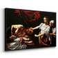 Angled view of Judith Beheading Holofernes, c. 1599 by Caravaggio in a black floater framed canvas.