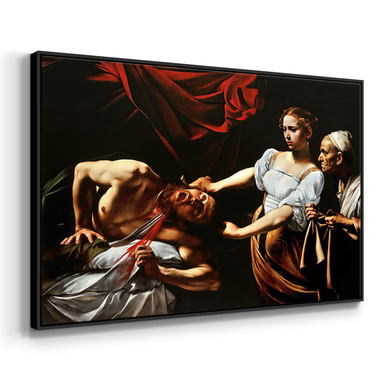 Angled view of Judith Beheading Holofernes, c. 1599 by Caravaggio in a black floater framed canvas.