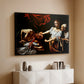 Black floater framed canvas of Judith Beheading Holofernes, c. 1599 by Caravaggio, featuring a dramatic biblical scene of woman beheading man in bed above a console cabinet in a minimalist entryway.