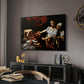 Judith Beheading Holofernes, c. 1599 by Caravaggio in a black floater framed canvas featuring an intense moment of Judith slaying Holofernes with sword, displayed above a desk in a dark home office interior.