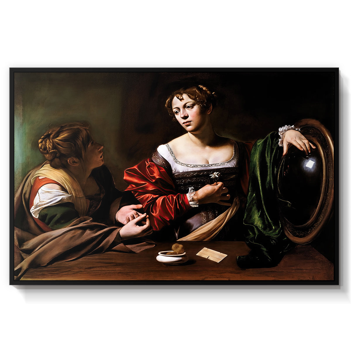 Martha and Mary Magdalene, c. 1598 by Caravaggio in a black floater framed canvas wall art display.