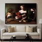 Martha and Mary Magdalene, c. 1598 by Caravaggio displayed in a black floater framed canvas above a sofa in a clean living room.