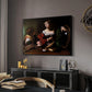 Martha and Mary Magdalene, c. 1598 by Caravaggio in a black floater framed canvas featuring an intimate interaction between two women with mirror and objects, displayed above a desk in a dark home office interior.