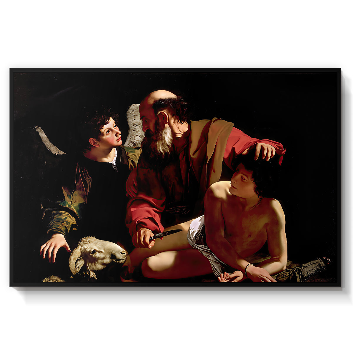 The Sacrifice of Isaac (Uffizi Version), c. 1603 by Caravaggio in a black floater framed canvas wall art display.
