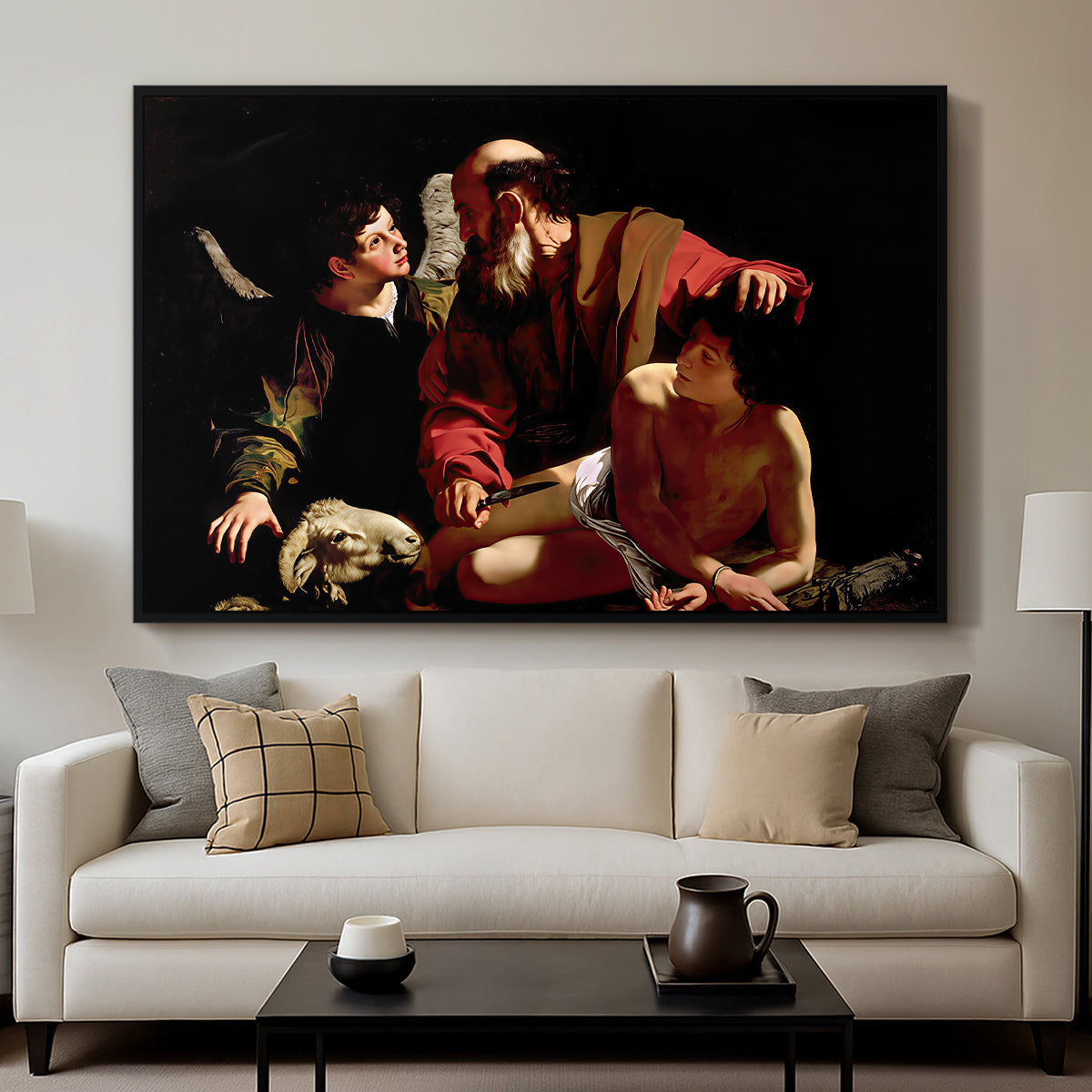 The Sacrifice of Isaac (Uffizi Version), c. 1603 by Caravaggio displayed in a black floater framed canvas above a sofa in a clean living room.