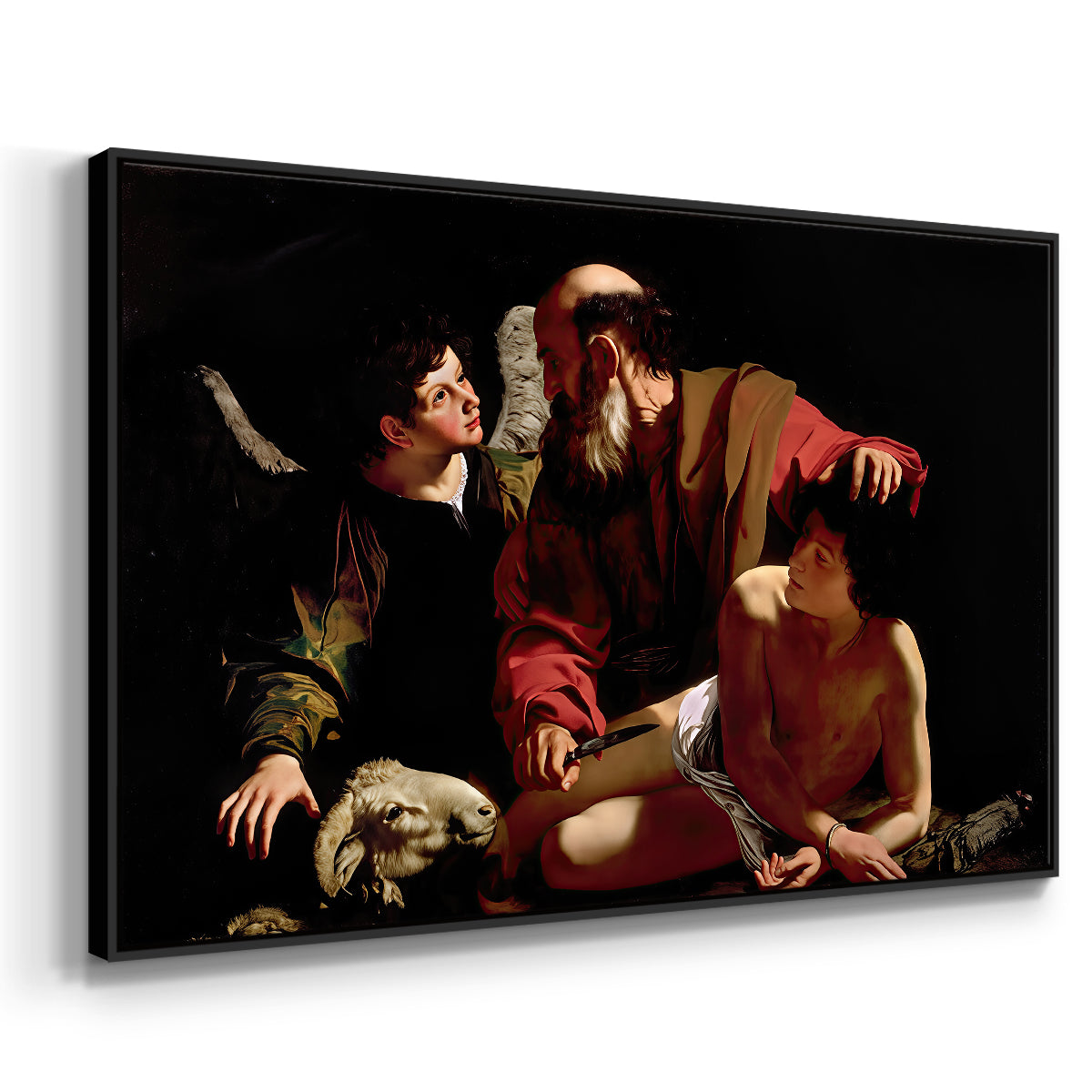 Angled view of The Sacrifice of Isaac (Uffizi Version), c. 1603 by Caravaggio in a black floater framed canvas.