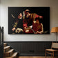 Black floater framed canvas featuring an intense religious narrative with figures in close physical struggle, displayed in a hallway near a staircase.