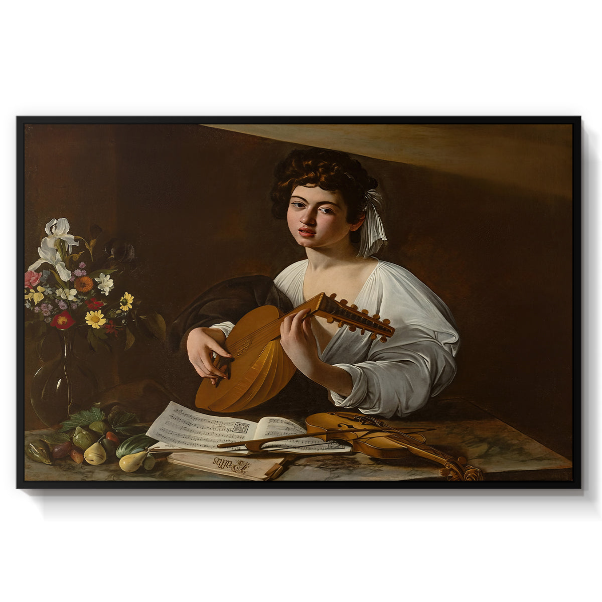 The Lute Player (Hermitage Version), c. 1596 by Caravaggio in a black floater framed canvas wall art display.