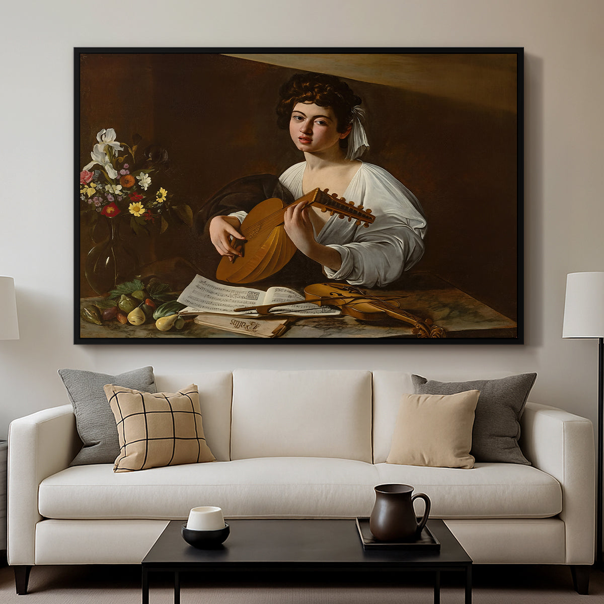 The Lute Player (Hermitage Version), c. 1596 by Caravaggio displayed in a black floater framed canvas above a sofa in a clean living room.