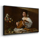 Angled view of The Lute Player (Hermitage Version), c. 1596 by Caravaggio in a black floater framed canvas.